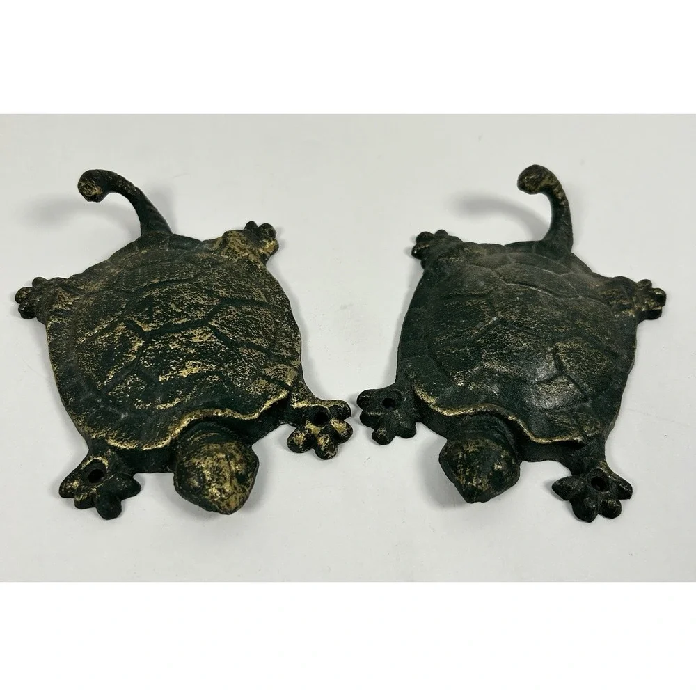 Pair Cast Iron SEA TURTLE Wall Hooks Towel Hanger Ocean Nautical Decor Patina 6